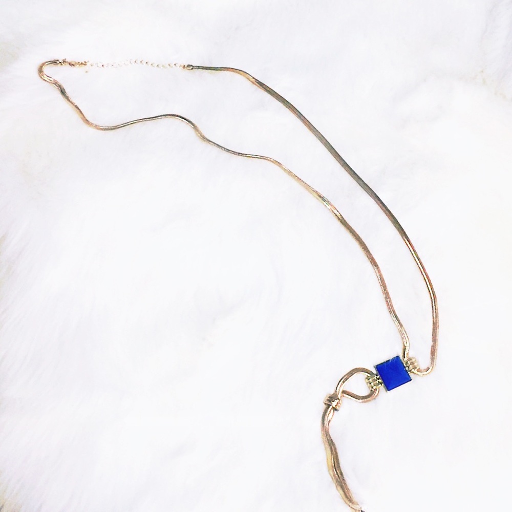 Gold Snake Chain Navy Pendant, Xtra Long Necklace